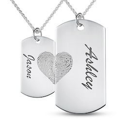 Couple's Fingerprint Engravable Dog Tag Pendant Set in Sterling Silver (2 Fingerprints and 5 Lines)