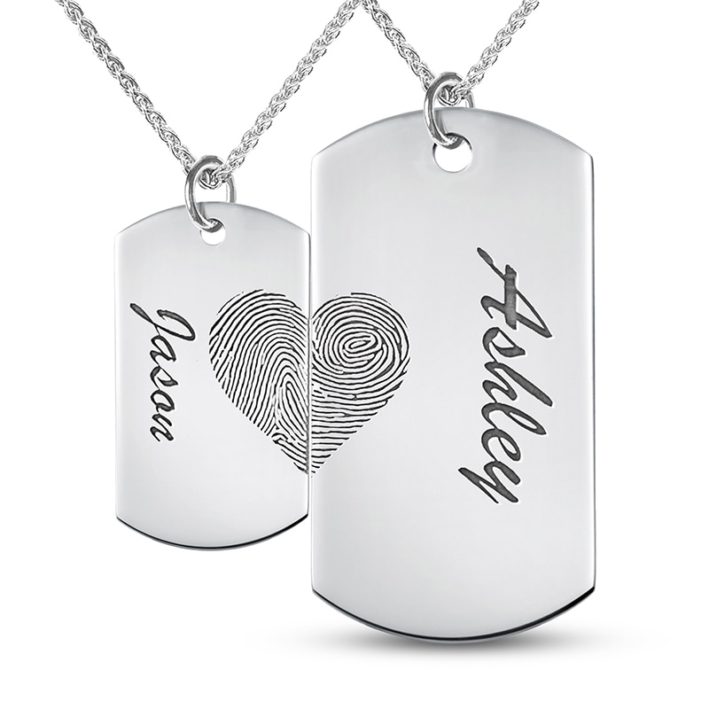 Main Image 1 of Couple's Fingerprint Engravable Dog Tag Pendant Set in Sterling Silver (2 Fingerprints and 5 Lines)