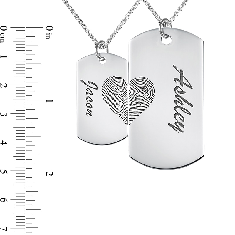 Main Image 3 of Couple's Fingerprint Engravable Dog Tag Pendant Set in Sterling Silver (2 Fingerprints and 5 Lines)