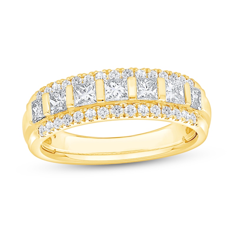 Main Image 1 of 0.95 CT. T.W. Princess-Cut and Round Diamond Border Triple Row Anniversary Band in 14K Gold