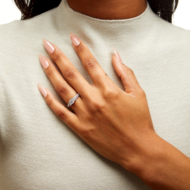 Main Image 2 of 1.45 CT. T.W. Diamond Past Present Future® Knife Edge Vintage-Style Engagement Ring in 14K White Gold