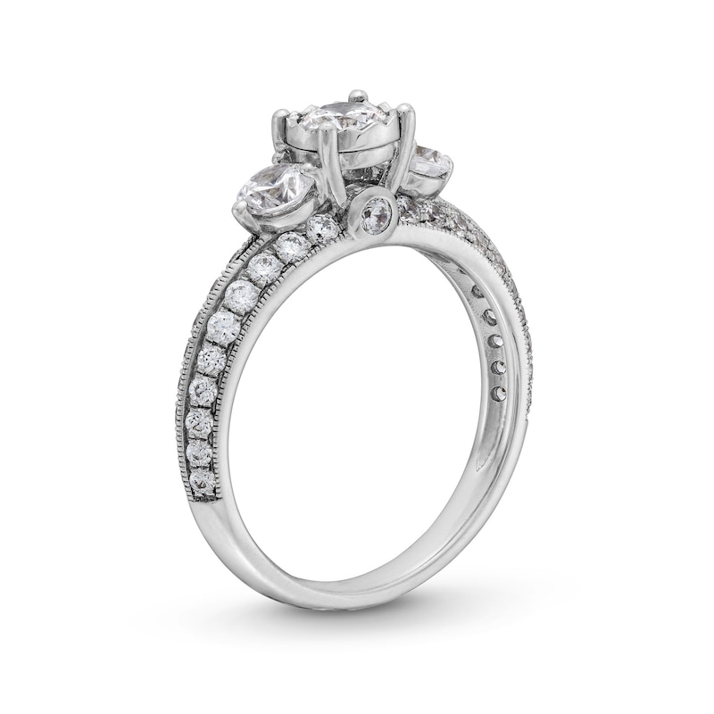 Main Image 3 of 1.45 CT. T.W. Diamond Past Present Future® Knife Edge Vintage-Style Engagement Ring in 14K White Gold