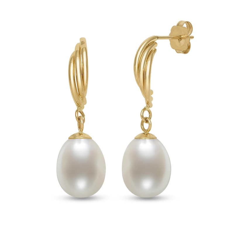 8.0mm Oval Cultured Freshwater Pearl Feather Drop Earrings in 14K Gold|Peoples Jewellers