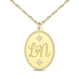 Diamond Accent Engravable 17.0mm Oval Disc Beaded Border Initial Pendant (1-2 Initials)