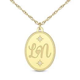 Diamond Accent Engravable 17.0mm Oval Disc Beaded Border Initial Pendant (1-2 Initials)
