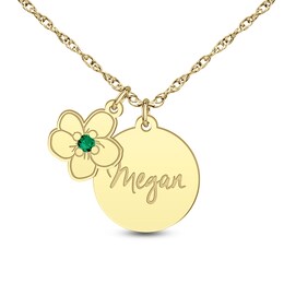 Engravable Disc with Birthstone Flower Charm Pendant (1 stone and Line)