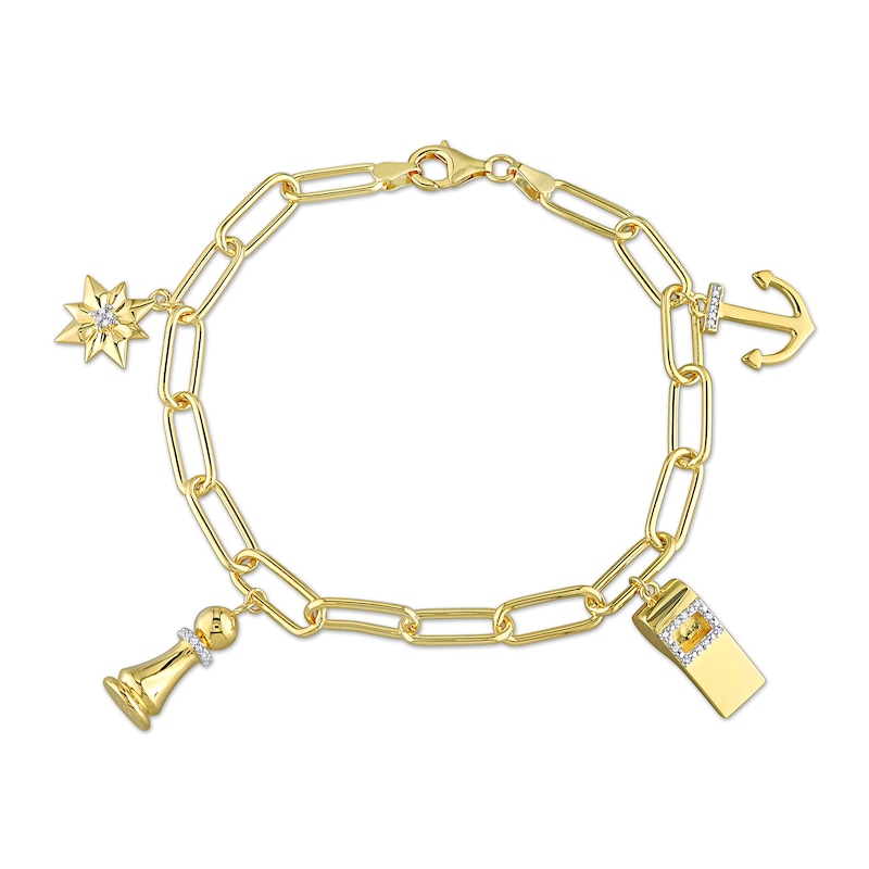 Main Image 1 of 0.16 CT. T.W. Diamond Cheval Link Charm Bracelet in Sterling Silver with Yellow Rhodium Plate