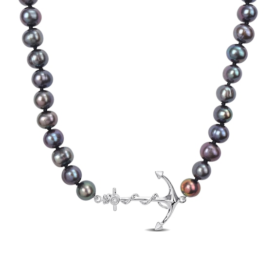 Men's 7.0-7.5mm Black Freshwater Cultured Pearl Anchor Necklace in Sterling Silver