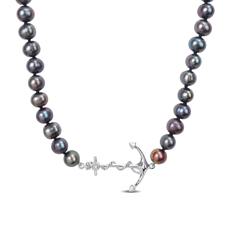 Men's 7.0-7.5mm Black Freshwater Cultured Pearl Anchor Necklace in Sterling Silver