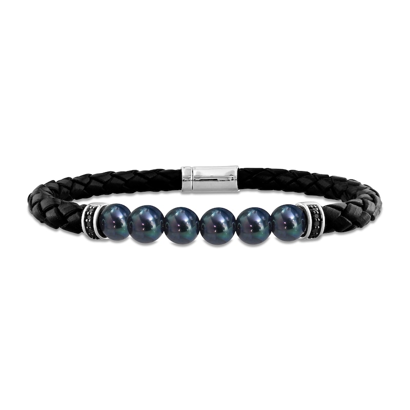 Men’s 0.11 Black Diamond and Black Cultured Tahitian Pearl Bracelet in Leather and Sterling Silver|Peoples Jewellers
