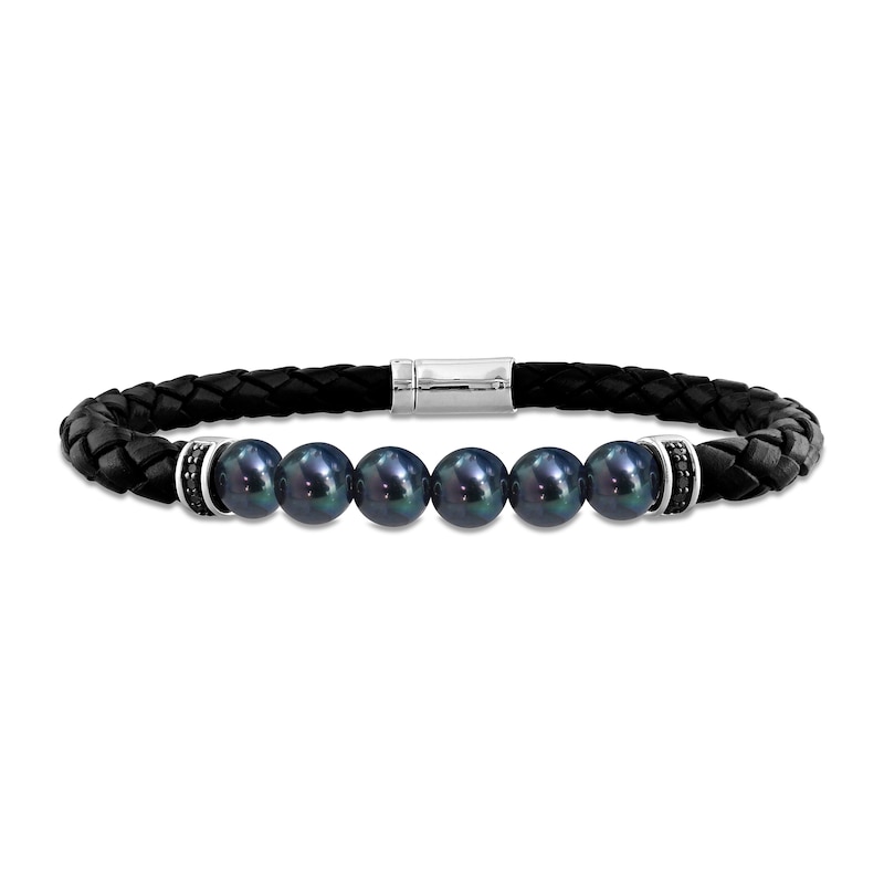 Main Image 1 of Men’s 0.11 Black Diamond and Black Tahitian Cultured Pearl Bracelet in Leather and Sterling Silver