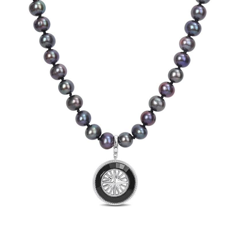 Men's 7.0-7.5mm Black Cultured Tahitian Pearl Compass Necklace in Sterling Silver|Peoples Jewellers