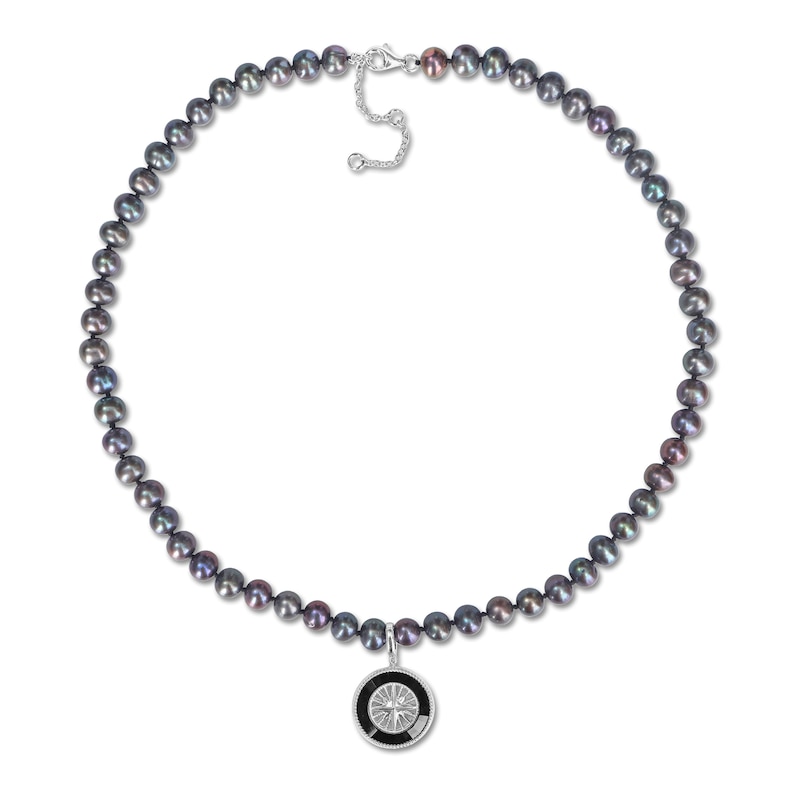 Men's 7.0-7.5mm Black Freshwater Cultured Pearl Compass Necklace in Sterling Silver