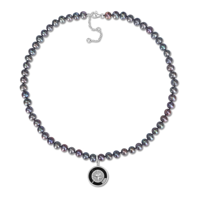 Men's 7.0-7.5mm Black Cultured Tahitian Pearl Compass Necklace in Sterling Silver|Peoples Jewellers