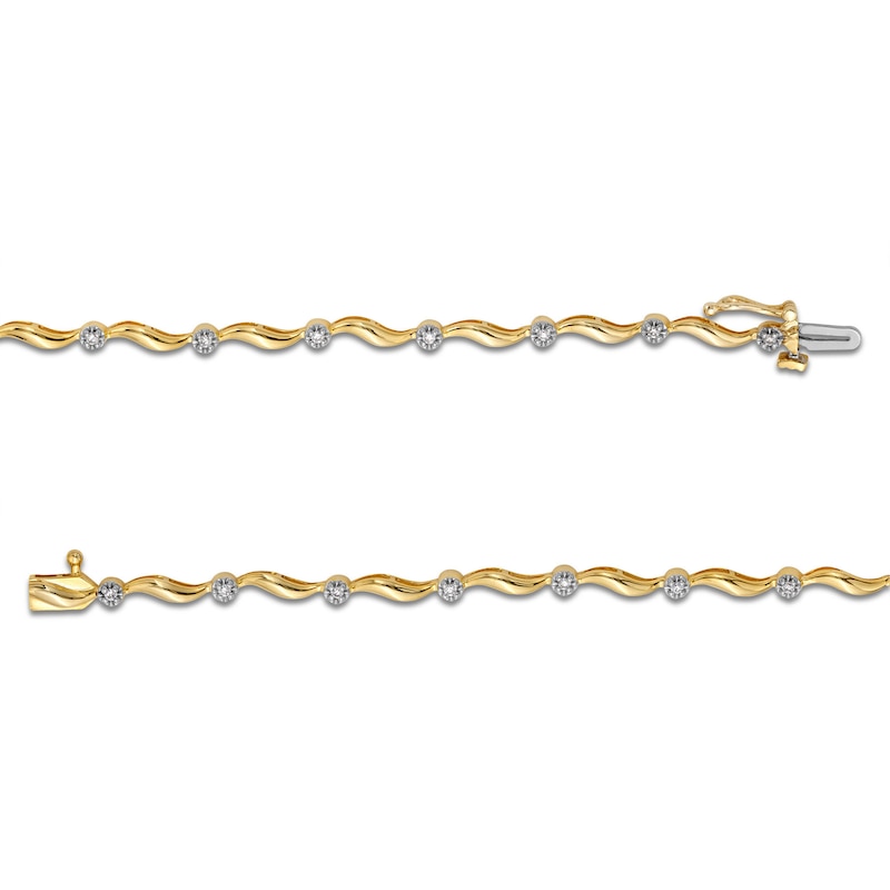 Main Image 3 of 0.15 CT. T.W. Diamond Wave Link Alternating Bracelet in 10K Gold