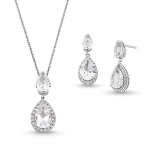 Pear-Shaped White Lab-Created Sapphire Double Teardrop Pendant and Earrings Set in Sterling Silver