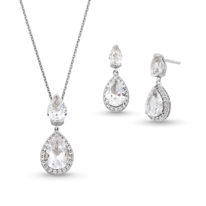 Main Image 1 of Pear-Shaped White Lab-Created Sapphire Double Teardrop Pendant and Earrings Set in Sterling Silver
