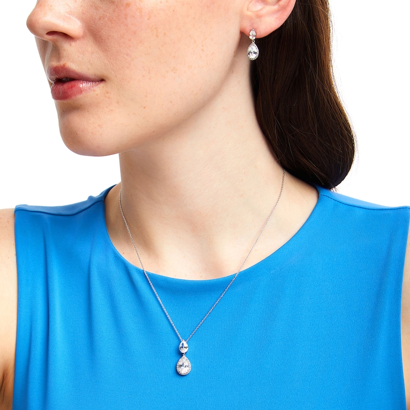 Main Image 2 of Pear-Shaped White Lab-Created Sapphire Double Teardrop Pendant and Earrings Set in Sterling Silver