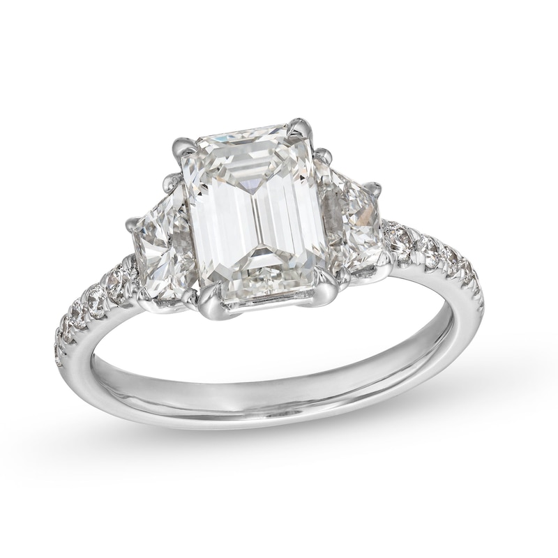 Main Image 1 of 3.00 CT. T.W. Certified Emerald and Trapezoid-Cut Lab-Grown Diamond Engagement Ring in 14K White Gold (I/VS2)