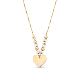 Alternating 3.0mm Freshwater Cultured Pearl and Bead with Heart-Shaped Disc Necklace in 14K Gold