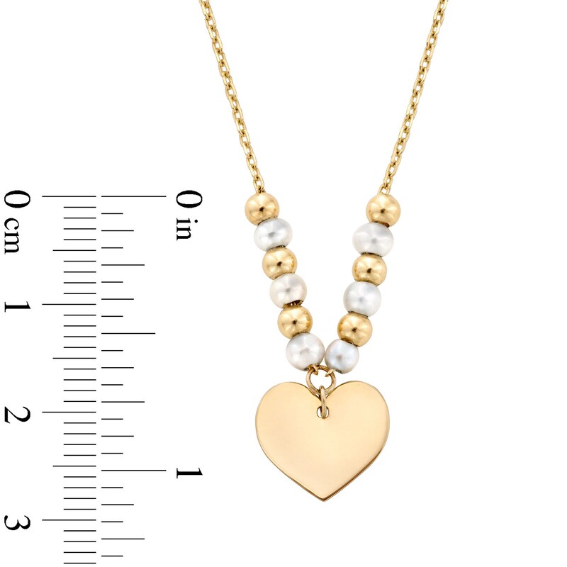 Alternating 3.0mm Freshwater Cultured Pearl and Bead with Heart-Shaped Disc Necklace in 14K Gold