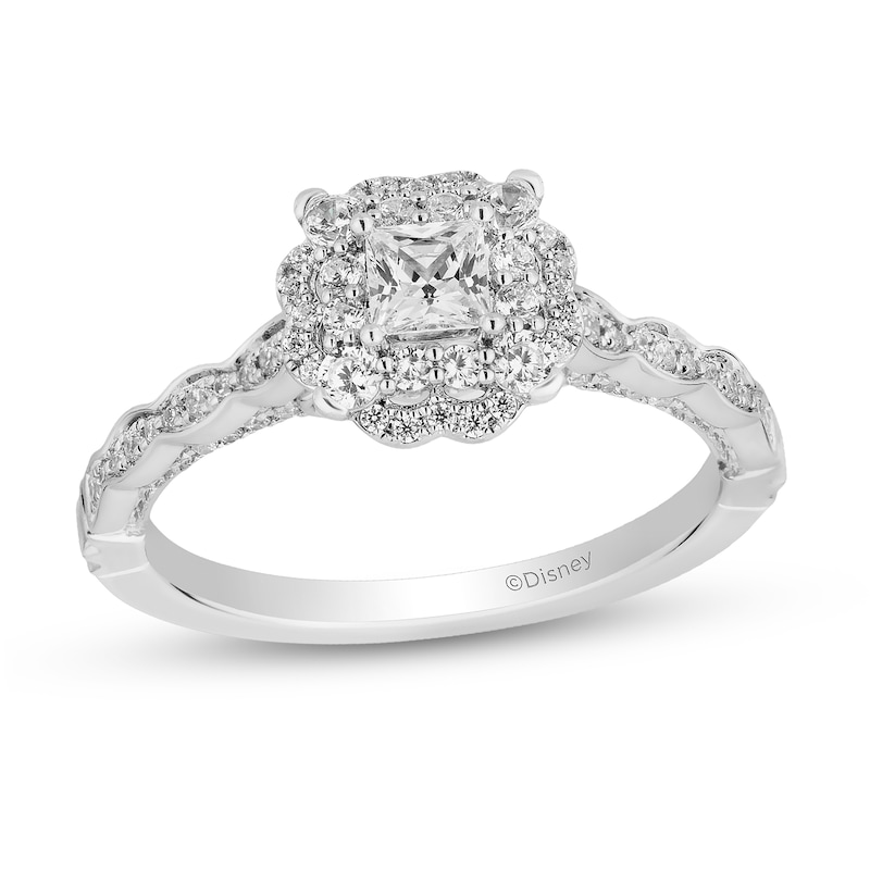 Enchanted Disney Cinderella 0.69 CT. T.W. Princess-Cut Diamond Frame Scallop Shank Engagement Ring in 14K White Gold|Peoples Jewellers