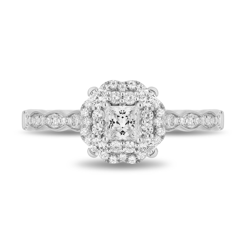 Enchanted Disney Cinderella 0.69 CT. T.W. Princess-Cut Diamond Frame Scallop Shank Engagement Ring in 14K White Gold