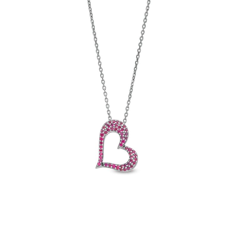 Lab-Created Ruby and White Lab-Created Sapphire Reversible Tilted Open Heart Pendant in Sterling Silver