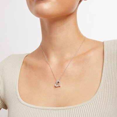 Blue and White Lab-Created Sapphire Reversible Tilted Open Heart Pendant in Sterling Silver
