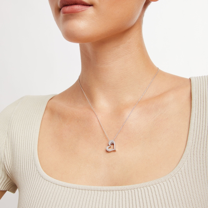 Main Image 3 of Lab-Created Emerald and White Lab-Created Sapphire Reversible Tilted Open Heart Pendant in Sterling Silver