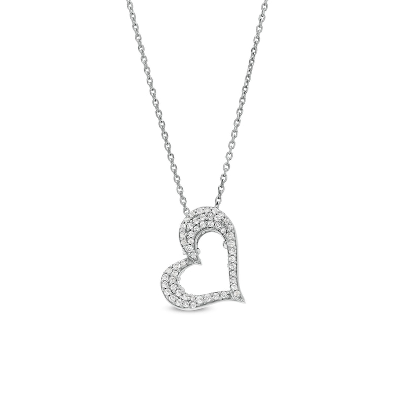 Main Image 4 of Lab-Created Emerald and White Lab-Created Sapphire Reversible Tilted Open Heart Pendant in Sterling Silver