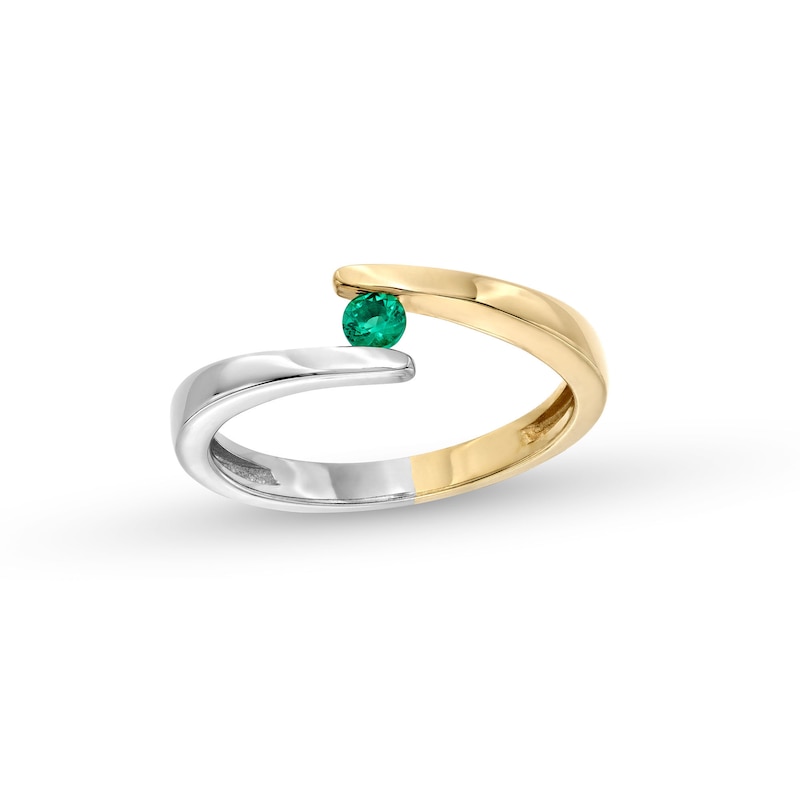 Main Image 1 of Emerald Solitaire Bypass Open Shank Ring in 10K Two-Tone Gold