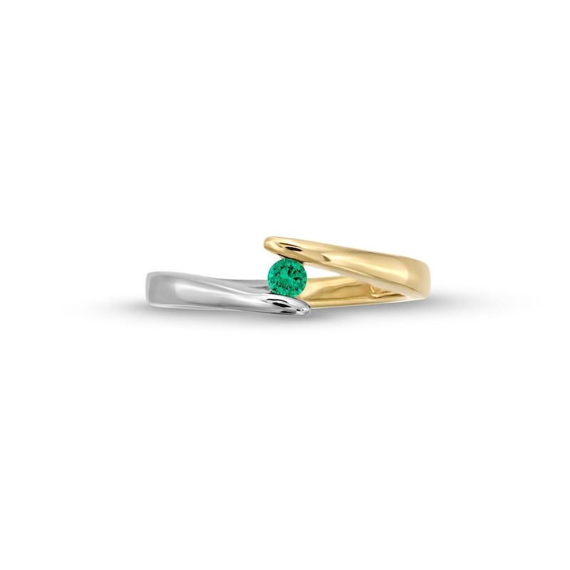 Main Image 4 of Emerald Solitaire Bypass Open Shank Ring in 10K Two-Tone Gold