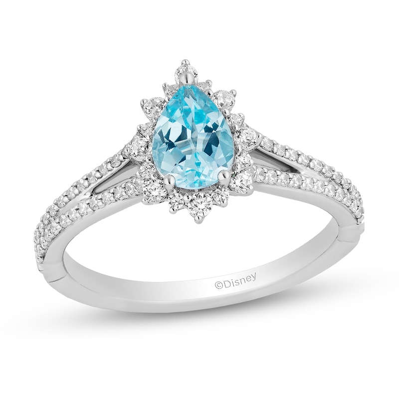 Enchanted Disney Elsa Pear-Shaped Sky Blue Topaz and 0.37 CT. T.W. Diamond Frame Engagement Ring in 14K White Gold|Peoples Jewellers