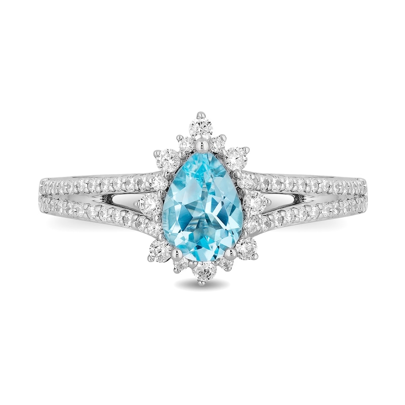 Enchanted Disney Elsa Pear-Shaped Sky Blue Topaz and 0.37 CT. T.W. Diamond Frame Engagement Ring in 14K White Gold