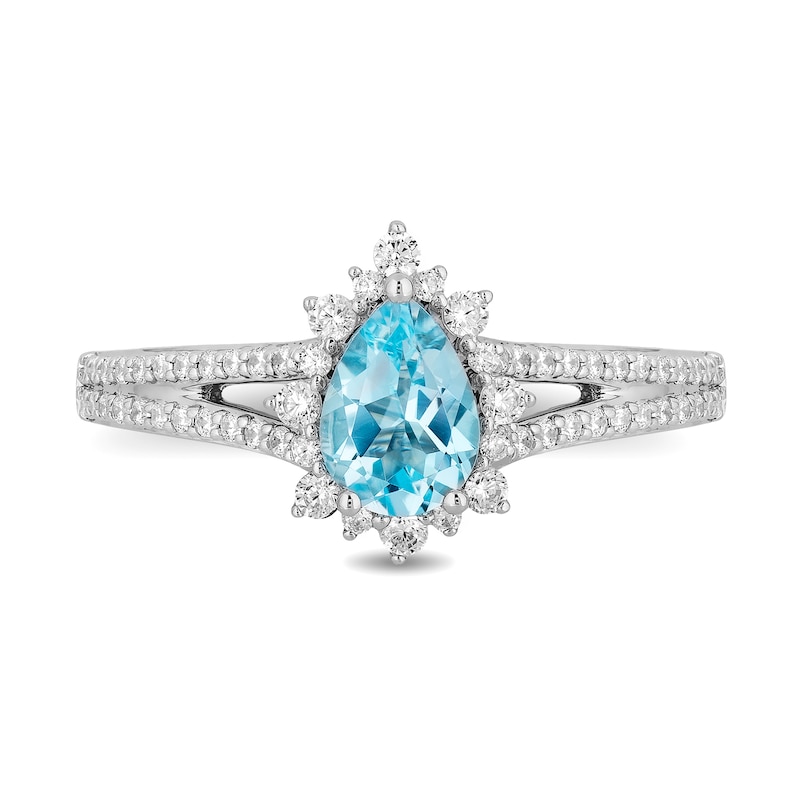 Enchanted Disney Elsa Pear-Shaped Sky Blue Topaz and 0.37 CT. T.W. Diamond Frame Engagement Ring in 14K White Gold