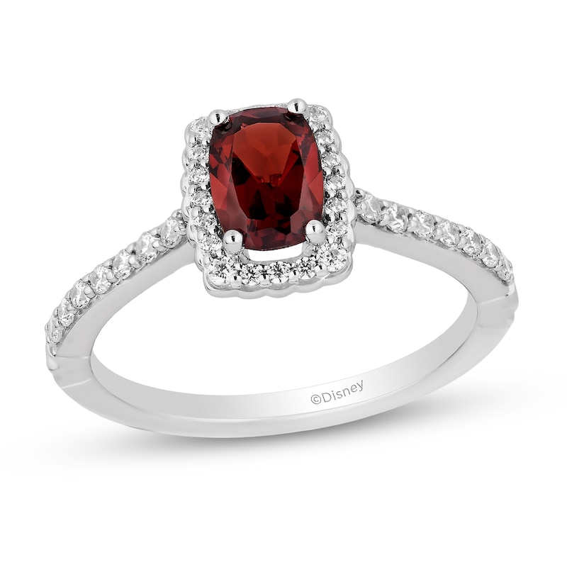 Main Image 1 of Enchanted Disney Cushion-Cut Garnet and 0.29 CT. T.W. Diamond Scallop Frame Engagement Ring in 14K White Gold - Size 7