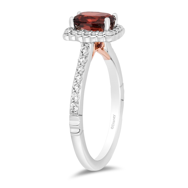 Main Image 2 of Enchanted Disney Cushion-Cut Garnet and 0.29 CT. T.W. Diamond Scallop Frame Engagement Ring in 14K White Gold - Size 7