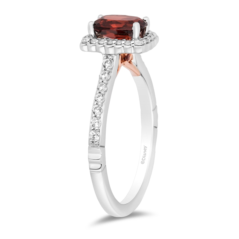 Enchanted Disney Cushion-Cut Garnet and 0.29 CT. T.W. Diamond Scallop Frame Engagement Ring in 14K White Gold - Size 7