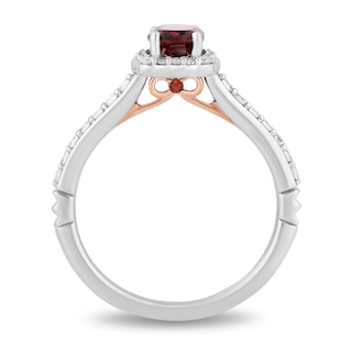 Enchanted Disney Cushion-Cut Garnet and 0.29 CT. T.W. Diamond Scallop Frame Engagement Ring in 14K White Gold - Size 7