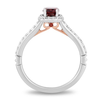 Enchanted Disney Cushion-Cut Garnet and 0.29 CT. T.W. Diamond Scallop Frame Engagement Ring in 14K White Gold - Size 7