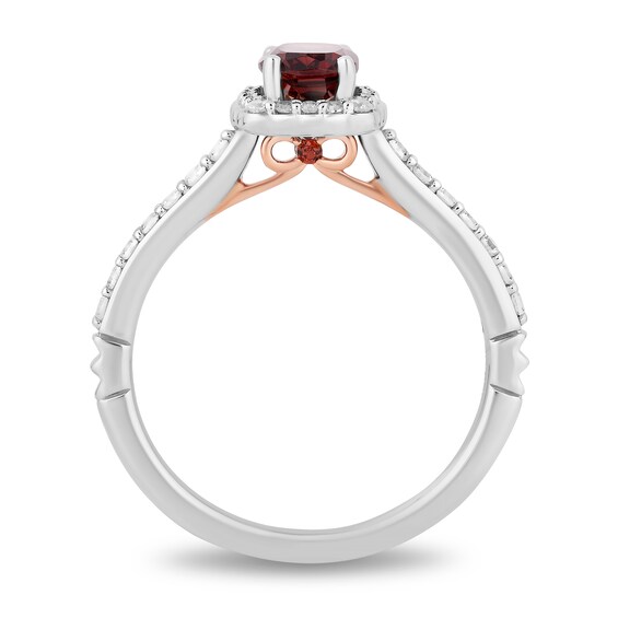 Enchanted Disney Cushion-Cut Garnet and 0.29 CT. T.W. Diamond Scallop Frame Engagement Ring in 14K White Gold - Size 7