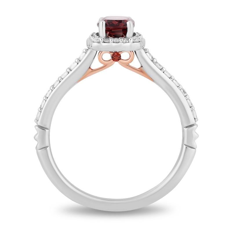 Main Image 3 of Enchanted Disney Cushion-Cut Garnet and 0.29 CT. T.W. Diamond Scallop Frame Engagement Ring in 14K White Gold - Size 7