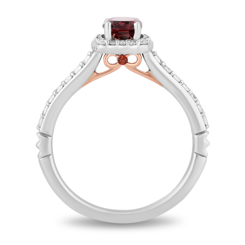 Enchanted Disney Cushion-Cut Garnet and 0.29 CT. T.W. Diamond Scallop Frame Engagement Ring in 14K White Gold - Size 7