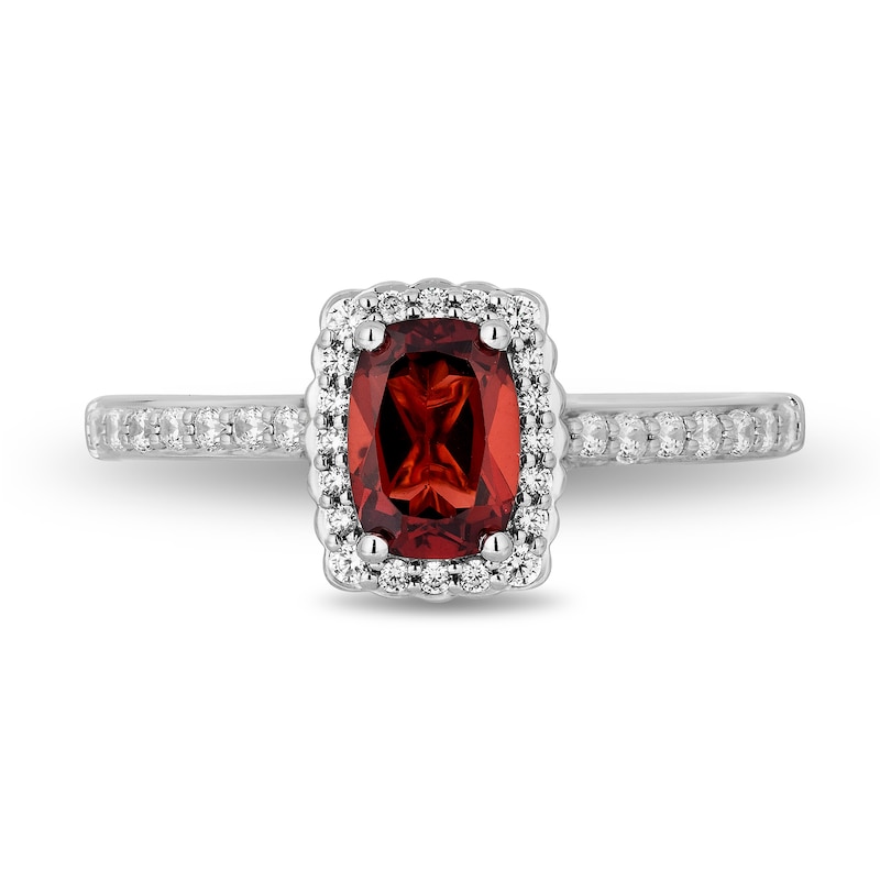 Main Image 4 of Enchanted Disney Cushion-Cut Garnet and 0.29 CT. T.W. Diamond Scallop Frame Engagement Ring in 14K White Gold - Size 7
