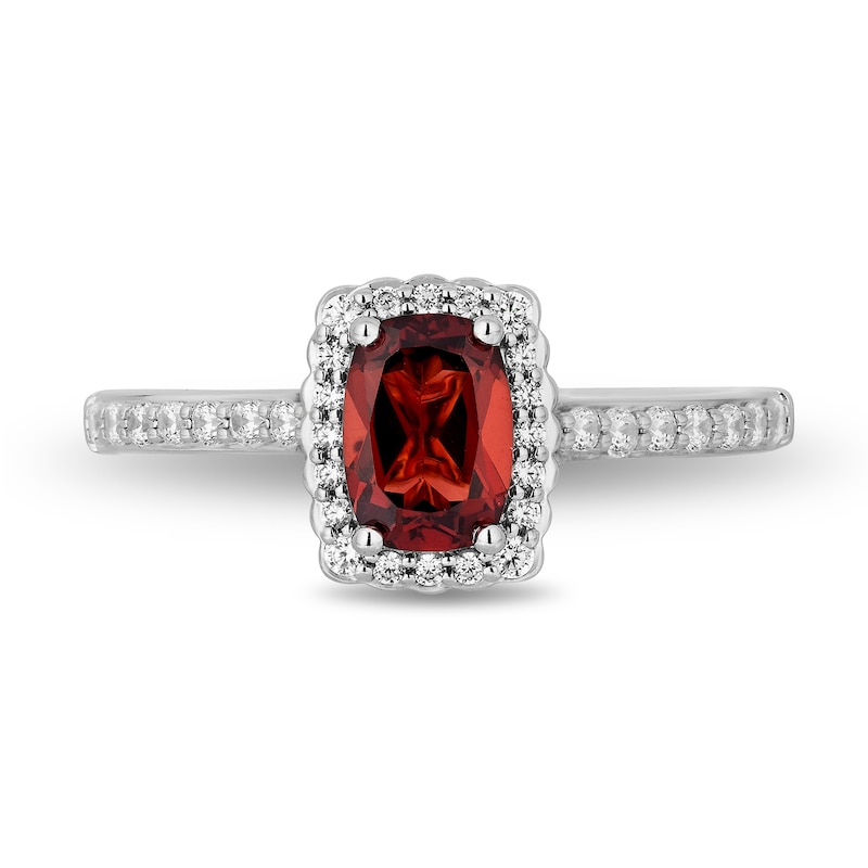 Enchanted Disney Cushion-Cut Garnet and 0.29 CT. T.W. Diamond Scallop Frame Engagement Ring in 14K White Gold - Size 7