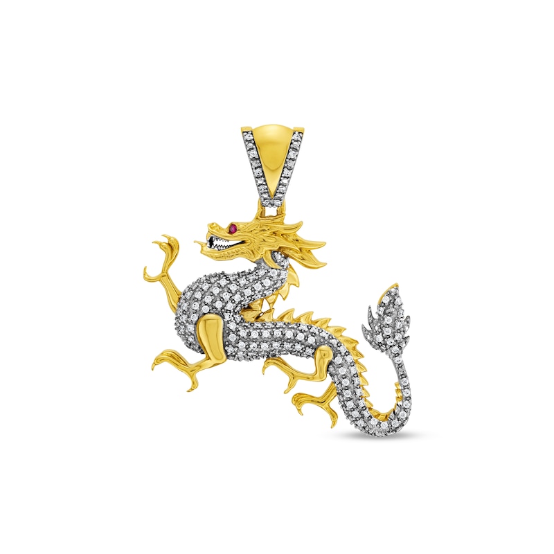 Main Image 1 of Lab-Created Ruby and 0.25 CT. T.W. Diamond Dragon Necklace Charm in 10K Gold