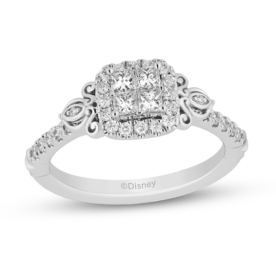 Enchanted Disney Cinderella 0.95 CT. T.W. Quad Princess-Cut Diamond Frame Engagement Ring in 14K White Gold - Size 7