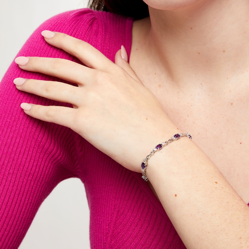 Main Image 2 of Oval Amethyst and White Lab-Created Sapphire Alternating Infinity Line Bracelet in Sterling Silver - 7.25"