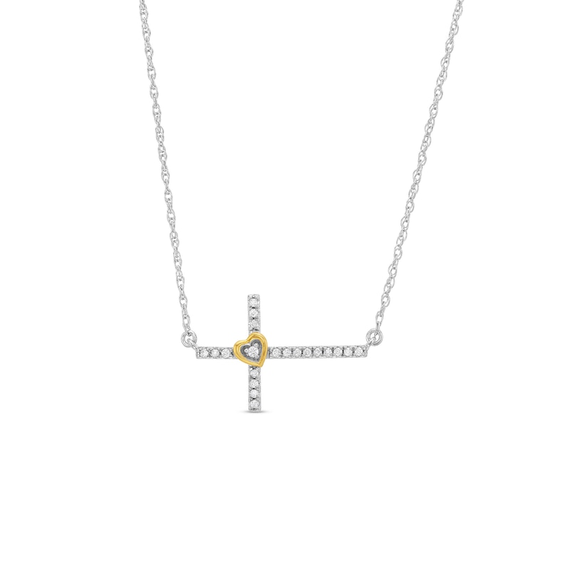 0.08 CT. T.W. Diamond Sideways Cross with Heart Necklace in Sterling Silver and 10K Gold|Peoples Jewellers